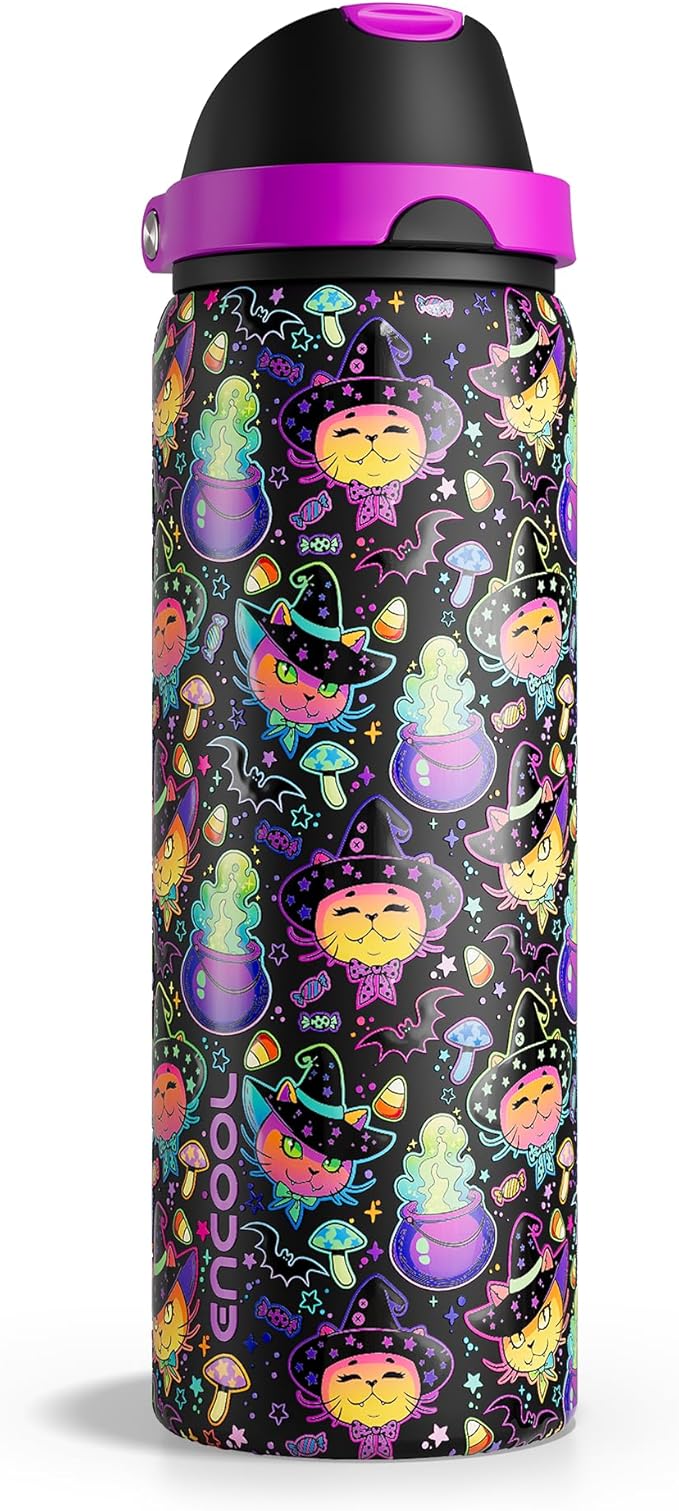 Insulated Water Bottle with Straw - Encool Stainless Steel Water Bottle with Push Button Lid, Leak-Proof & BPA-Free, Keeps Cold for 24 Hours for Sports, Travel, Gym (32 oz, Meowgic Night)
