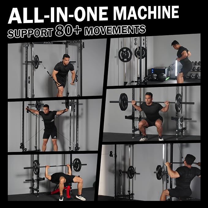 Mikolo Folding Squat Rack, Wall Mounted Power Rack with Cable Crossover Machine & LAT Pull Down, Functional Trainer with 5 Adjustable Function Modes, Home Gym Package