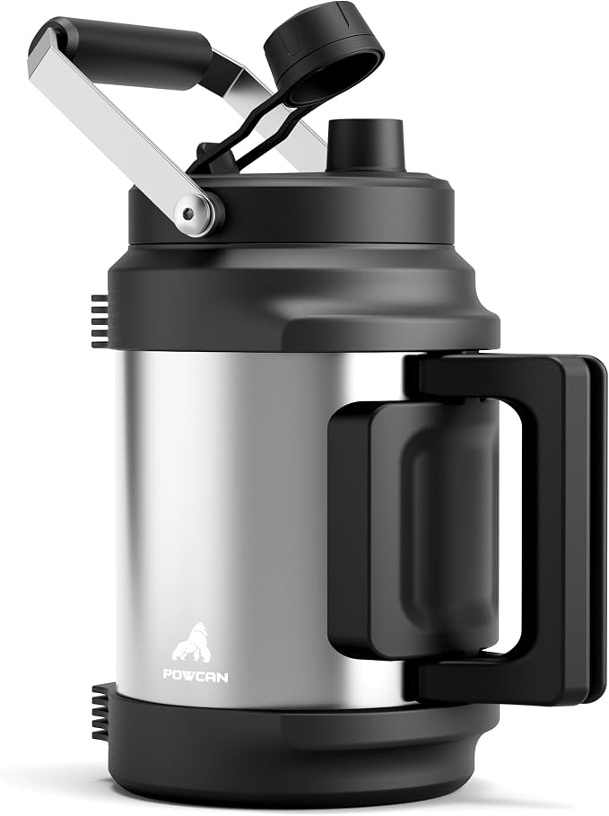 POWCAN 64 oz Stainless Steel Water Bottle: 2-in-1 Straw Spout Lid, Dual Handle, Leakproof, Keep Cold 48H, Half Gallon Insulated Water Jug for Outdoors, Fitness, Journey, Trip, Work, Camping (Steel)