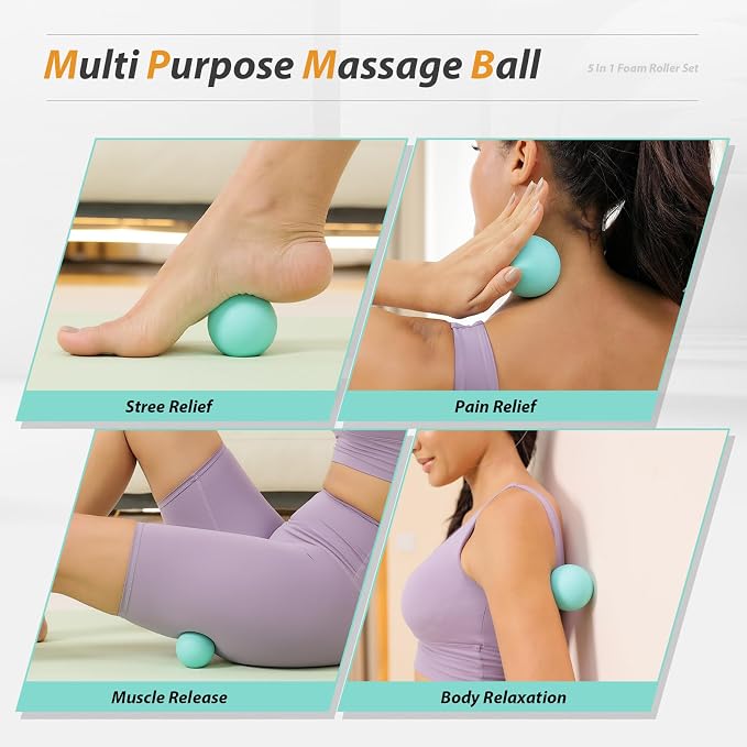 5 in1 Foam Roller Set High Density 15" Foam Roller for Muscle Recovery | Deep Tissue Muscle Massage Foam Roller for Exercise, Massage Roller, Massage Ball, Stretching Strap, for Whole Body Aqua