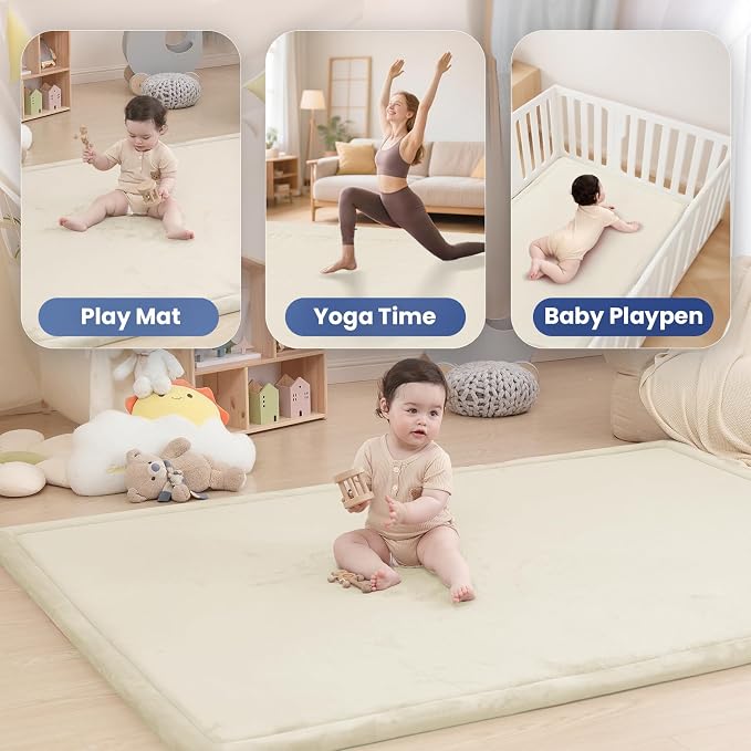Huloo Sleep Ultra Soft Baby Play Mat for Floor, 1.3" Thick Elasti-Foam 65x50 Play Mat for Playpen,Water-Repellent Coral Velvet for Tummy Time, Non-Slip Backing,Safe for Toddlers & Infants（Cream）