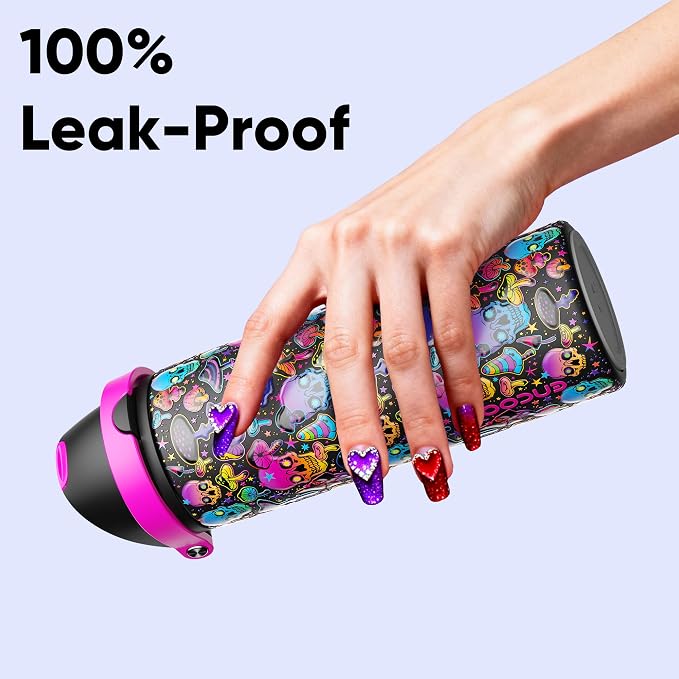 Insulated Water Bottle with Straw - Encool Stainless Steel Water Bottle with Push Button Lid, Leak-Proof & BPA-Free, Keeps Cold for 24 Hours for Sports, Travel, Gym (24 oz, Trippy Skulls)