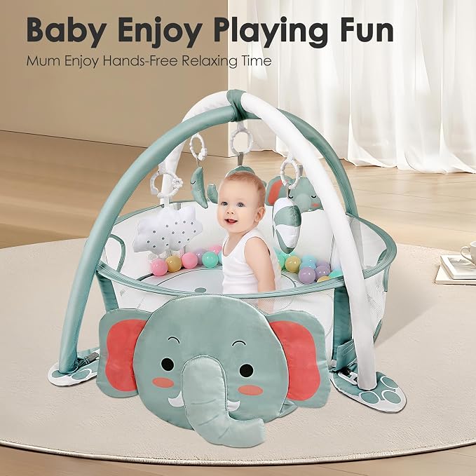 dearlomum Elephant 4-in-1 Baby Play Mat Gym, with Ball Pit | Includes 30 Balls & 5 Learning Sensory Toys, Floor Gym Playmat for Newborn Infant Tummy Time, Ball Pit, Boy & Girl Gift