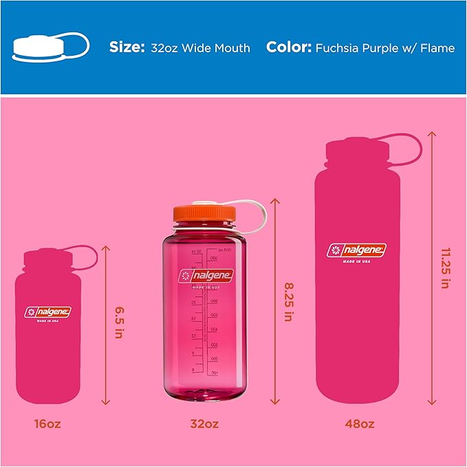 Nalgene 32 oz Wide Mouth Water Bottle, Thrill & Motion, Fuschia Purple w/Flame