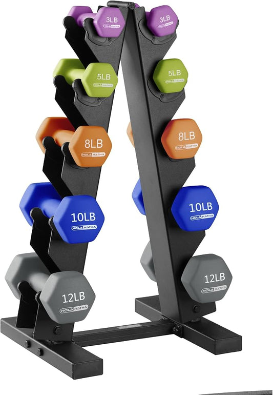 HolaHatha 1, 2 and 3 lb Neoprene Dumbbell Strength Training Weight Set with Rack