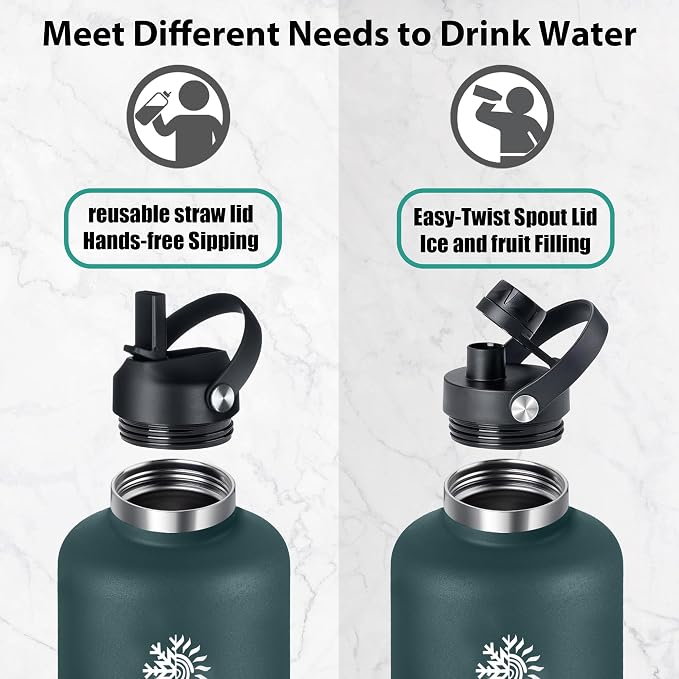 64oz Insulated Water Bottle, Triple Wall Vacuum Stainless Steel Bottle, 48H Cold & 24H Hot, Leak-Proof BPA-F Jug with Straw & Spout Lids for Sports & Outdoor