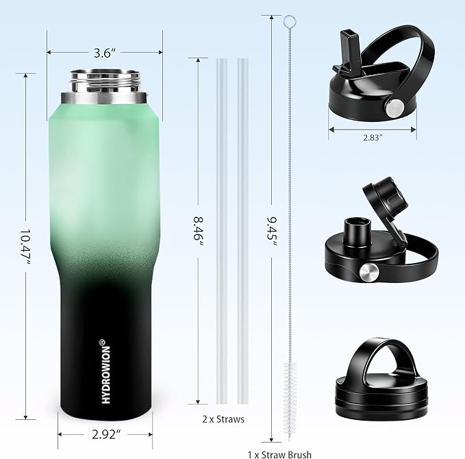 HYDROWION Water Bottle Stainless Steel,Vacuum Insulated Leak Proof Tumbler 32oz with Straw Lid, Spout Lid and Flex Cap(Cold for 48 Hrs, Hot for 24 Hrs), Fit in Any Car Cup Holder, Mint - Black