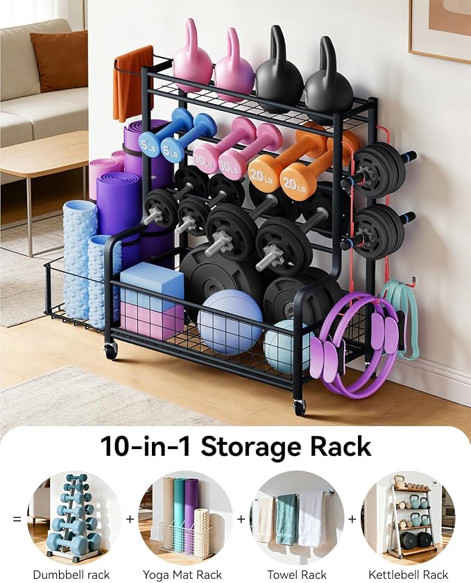 4 Tiers Large Capacity Dumbbell Rack [Thickened High-Strength Steel] Home Gym Storage for Dumbbells Kettlebells Yoga Mat and Balls, All in One Workout Storage Rack with Wheels and Hooks