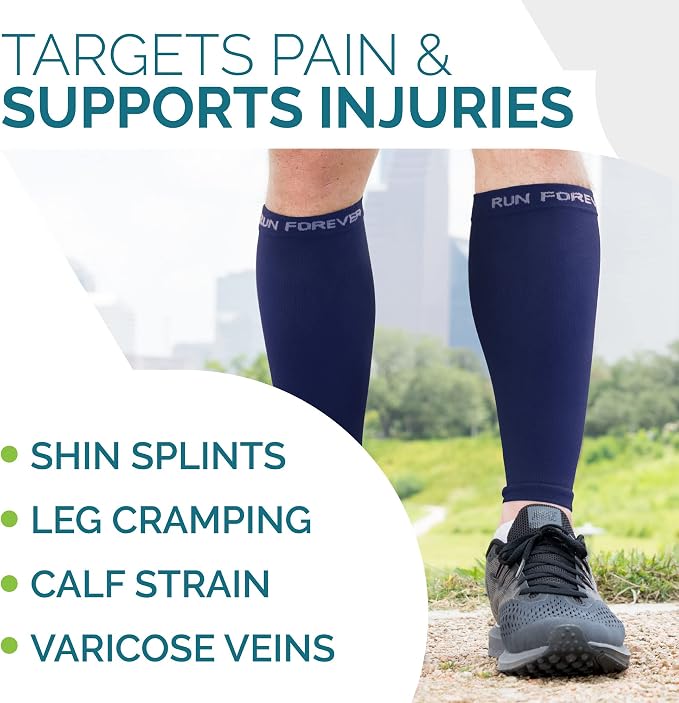 Run Forever Calf Compression Sleeve for Men & Women, 20-30mmHg Compression | Leg Sleeve for Shin Splints, Varicose Veins, Swelling & Pain Relief | Footless socks for Running, Cycling & Travel