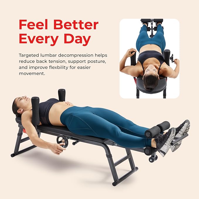 Sunny Health & Fitness Decompression Stretch Table for Back Pain Relief | No-Hang Inversion Therapy, 400LB Capacity, Precise Stretch Control, Spinal Alignment Support, Improved Flexibility