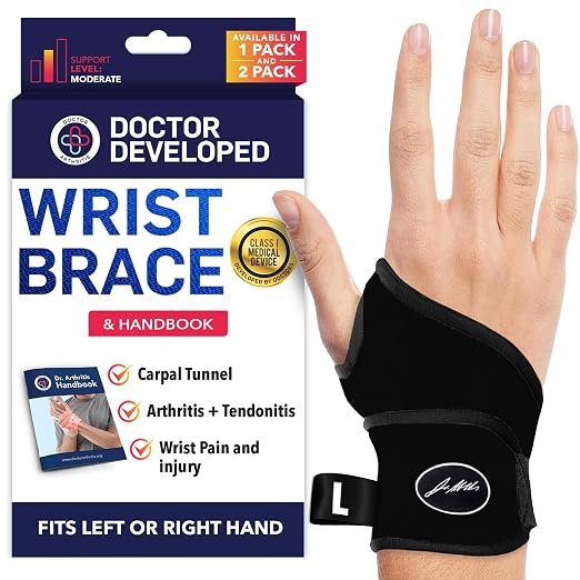 Doctor Developed Wrist Brace, Wrist Wraps for Carpal Tunnel Arthritis, Tendonitis, Hand Support, Ideal for Fitness, Weightlifting - Handbook Included (Wrist Brace - Large)