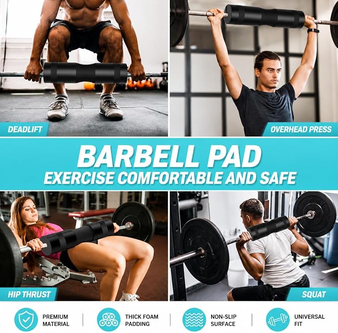 SINYWAY Barbell Pad Set for Squat,10 PCS Hip Thrusts Workout Foam Weight Lifting Bar Cushion with 2 Gym Ankle Straps,3 Hip Resistance Bands,2 Lifting Strap,Barbell Pad and Carry Bag
