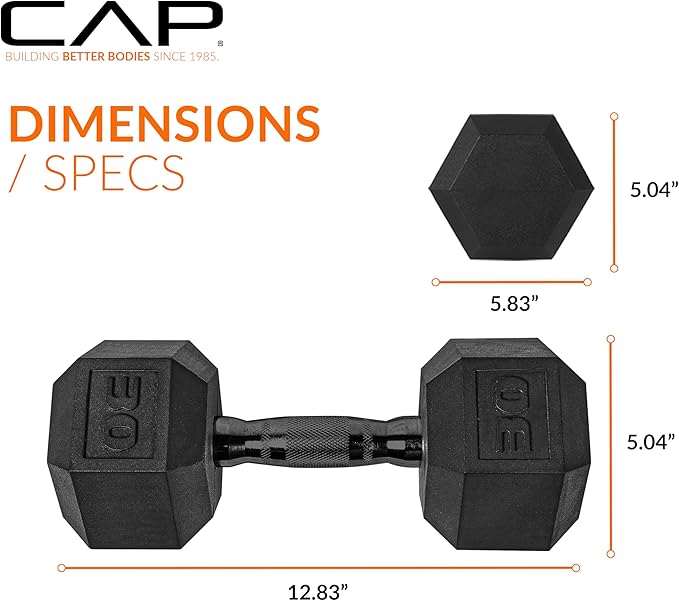 CAP Rubber Coated Dumbbell Weights, Free Weights for Home Gym Strength Training, Anti-Roll Hex Dumbbells with Black, Chrome & Comfort Grip Handles, Singles