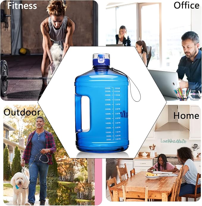 SLUXKE Gallon Big Water Bottle with Handle, 128oz Leakproof BPA Free Fitness Sports Water Bottle with Motivational Time Marker & Wide Mouth Ensure You Drink More Water
