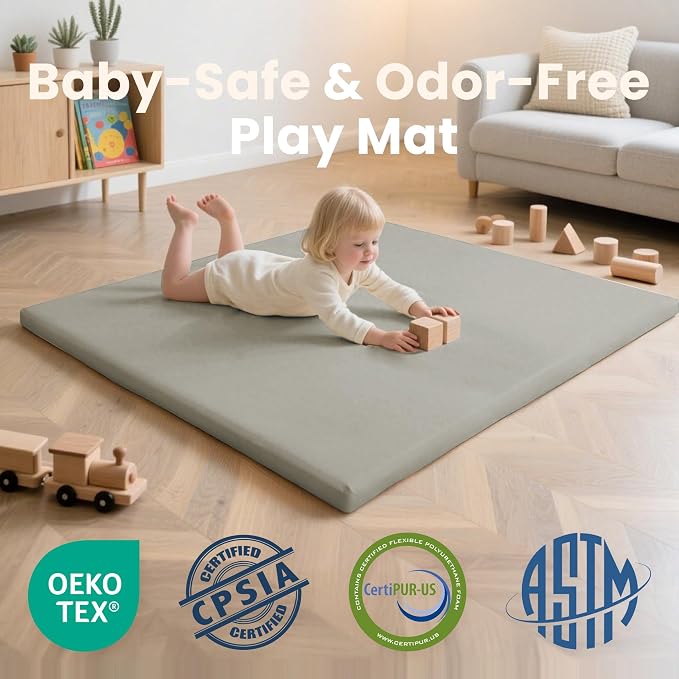 Huloo Sleep Baby Play Mat 47x47 Inches, 1.3" Thick Padded Waterproof Floor Cushion & Playpen Mat with Vegan Leather, Non-Slip & Non-Toxic Nursery Rug for Infants, Toddlers & Kids(Grey)