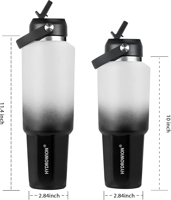 HYDROWION 40 oz Insulated Water Bottle, Car Water Bottle Holder - Double Wall Vacuum Insulated Travel Bottle with Straw Lid, Spout Lid and Flex Cap - Cold for 24H, Hot for 12H, Blue - Panda