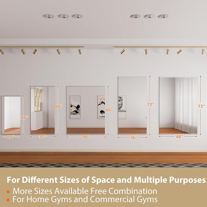 ROOMTEC Home Gym Mirror, 72"x 48"-1 PCS Frameless Gym Mirrors for Home Gym, Large Full Body Tempered Glass Wall Mounted Mirror for Yoga Room, Dance Studio, Workout Room