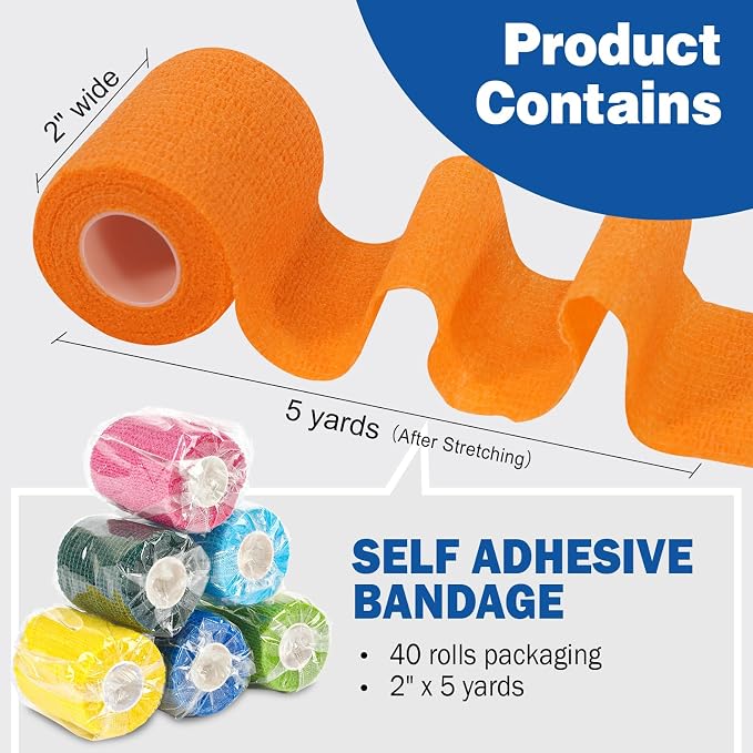 AZEN 40 Pack Self Adhesive Bandage Wrap, 2" X 5 Yards Elastic Cohesive Bandage Wrap, Color Athletic Tape, Vet Wrap, Ankle Tape, Tattoo Grip Tape Wrap