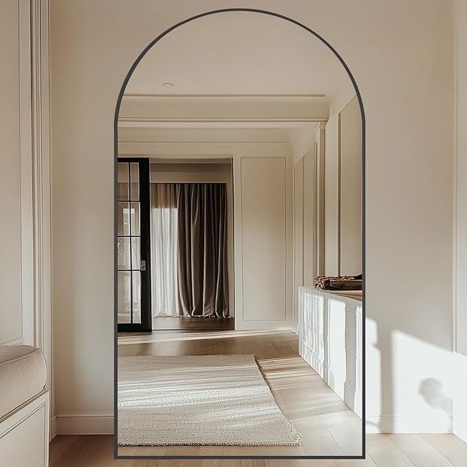 MirrMuse Oversized Arched Full Length Mirror with Stand, 82"X44", Black | Tempered Glass, Free Standing, for Bedroom Living Room Clothing Store Gym, Aluminum Alloy Frame, Hanging or Leaning