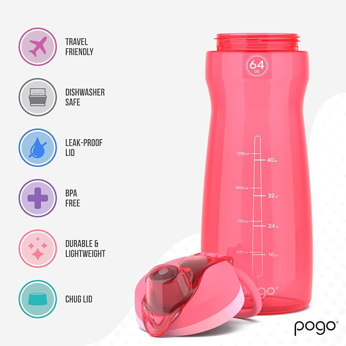 Pogo 64oz Plastic Water Bottle with Chug Lid and Carry Loop, Pink | Leakproof water bottle with chug lid and capacity markings. BPA-free, great for travel, school, outdoors, and gym.