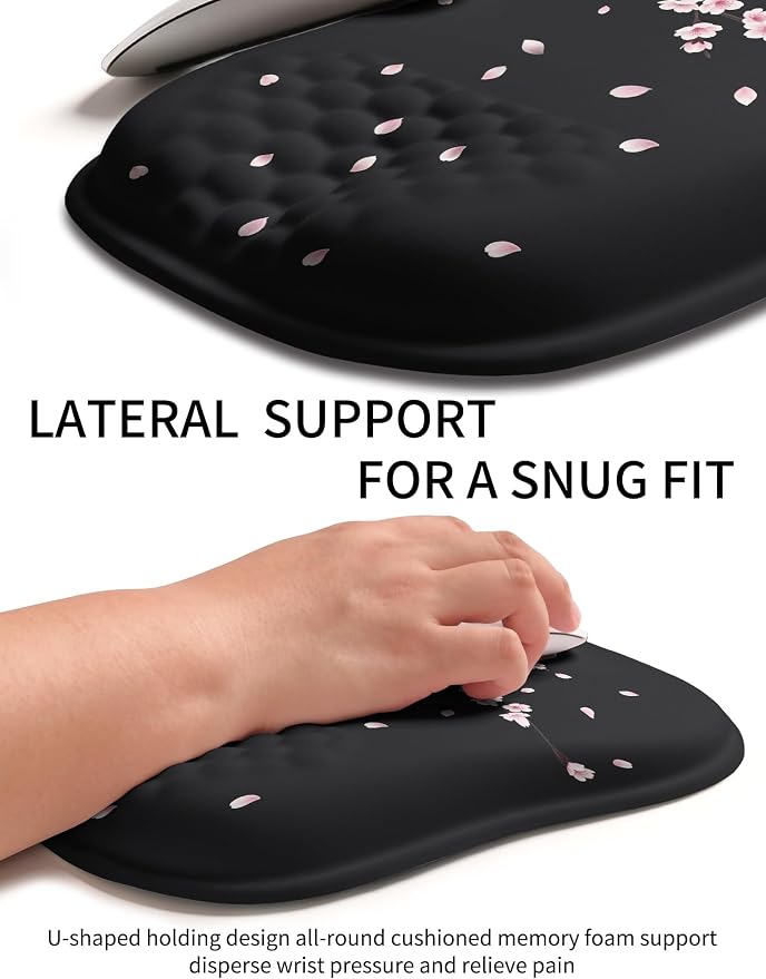 Hokafenle Ergonomic Wrist-hugging Mouse Pad Wrist Support, U-shaped Holding Wrist Rest Mousepad for Carpal Tunnel Pain Relief with Cushioned Memory Foam Slope Massage Bulge (10.2x8.3 in,CherryBlossom)