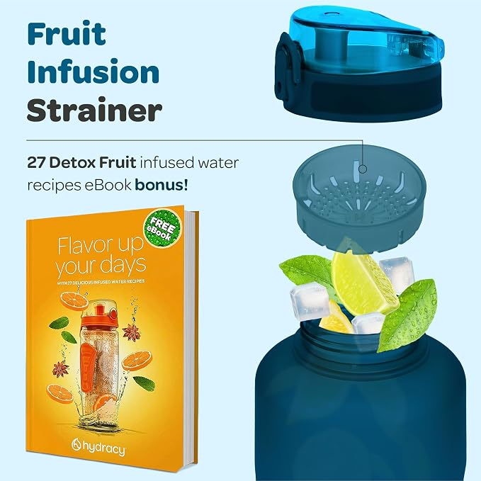 Hydracy Motivational Water Bottle with Time Marker & Fruit Infuser 64 oz | BPA-Free Tritan, Leakproof Flip-Top Lid,No-Sweat Sleeve,Carry Strap,Daily Intake Tracking for Gym,Sports,Outdoors