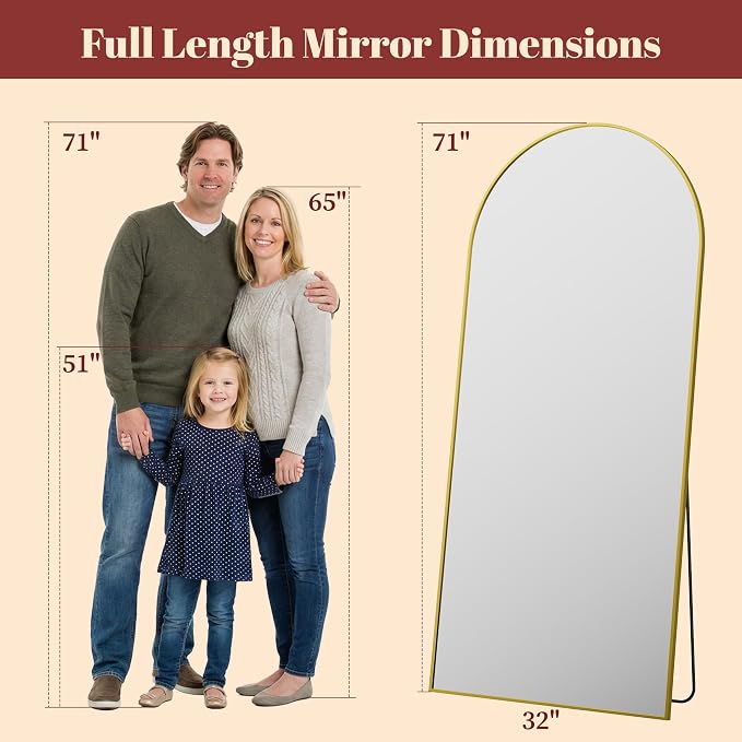 Suidia 71"x32" Arched Full Length Mirror with Stand, Full Body Mirror with Aluminum Frame, Freestanding/Leaning/Wall-Mounted, Floor Mirrors for Bedroom, Living Room, Entryway, Dressing Room, Gold