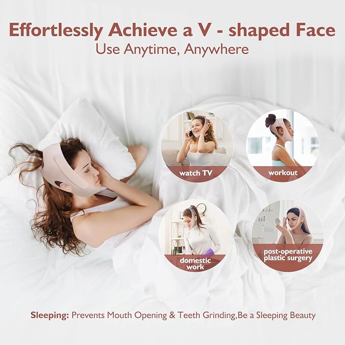 Jawline Shaper Chin Strap for Sleeping, Reusable V-Line Mask for Women Face Lifting Made w/Electric-Hot-Press Tech for Skin-Friendly & Breathable Cooling Fabric (Nude Pink, One Size)