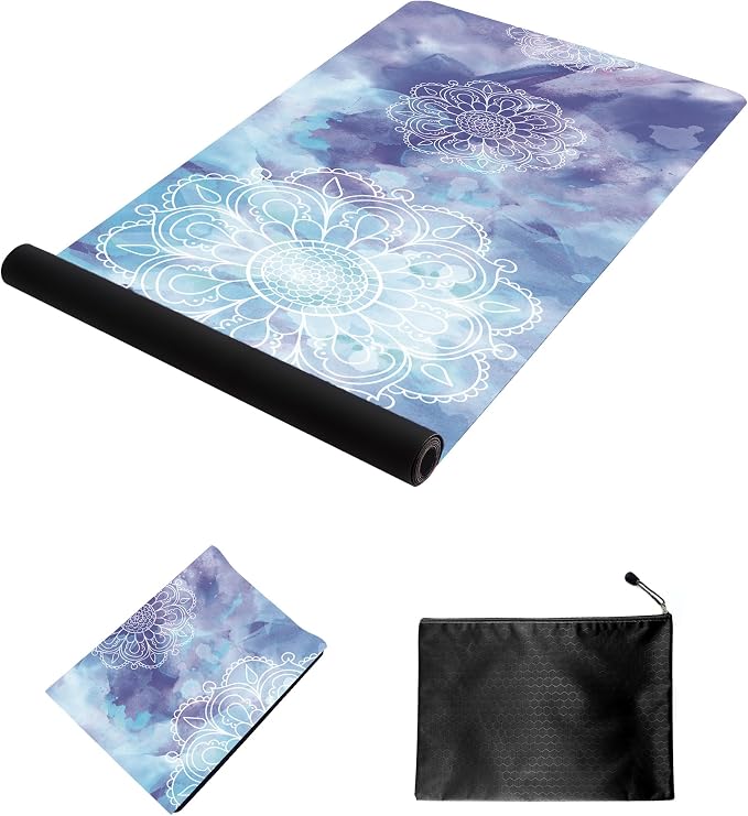 nuveti Printed Travel Yoga Mat 1/16 Inch Thick Non Slip Fitness Workout Mat | with Carrying Bag, Foldable Lightweight Suede & Natural Rubber Yoga Mat for Yoga Pilates and Fitness 72" L x 24" W x 1.5mm