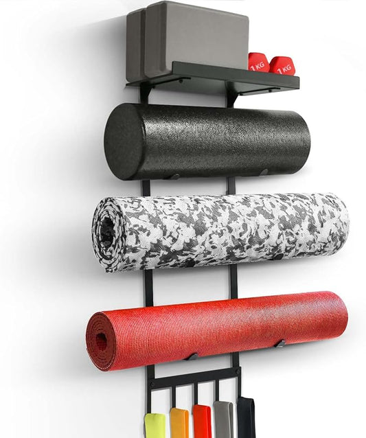 Yoga Mat Holder Wall Mount, Home Gym Storage Rack with Top Floating Shelf, 4-Tiers Holding Yoga Mat/ Blocks/ Rollers and Decorations, 5 Hooks for Resistance Bands, Skipping-Rope, Small Gym Equipment