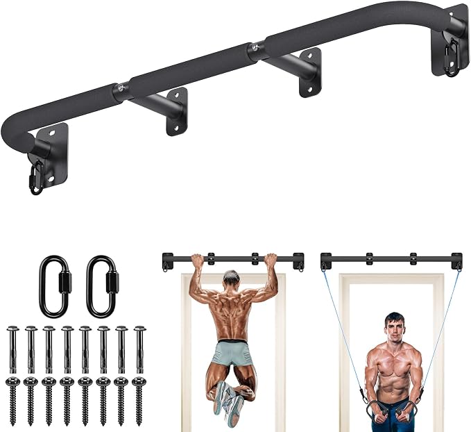 SELEWARE 32"/36" Wall Mount Pull Up Bar Joist Mount Chin Up Bar for Doorway | Heavy Duty Steel Construction Support 450 lb, w/Resistance Band Hooks, Fits 32"/36" Wall Studs for Home Gym Strength Training