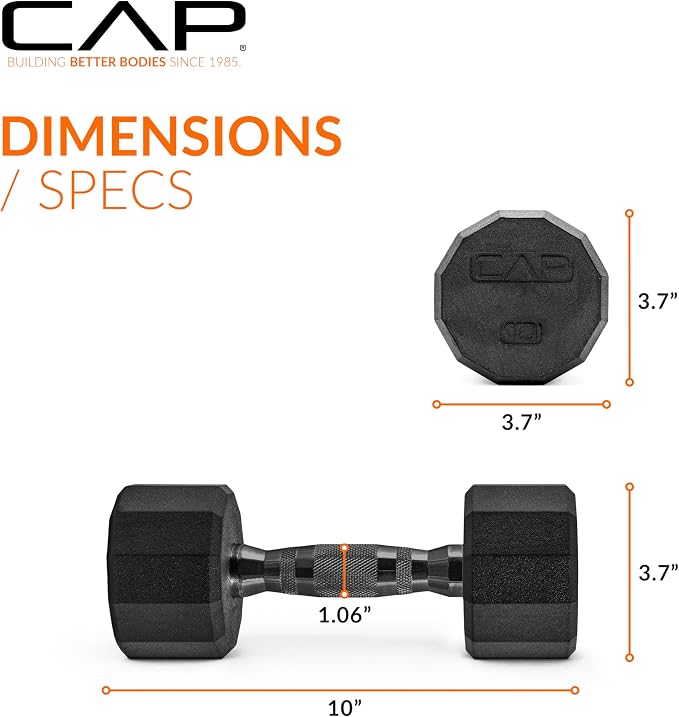 CAP Rubber Coated Dumbbell Weights, Free Weights for Home Gym Strength Training, Anti-Roll Hex Dumbbells with Black, Chrome & Comfort Grip Handles, Singles