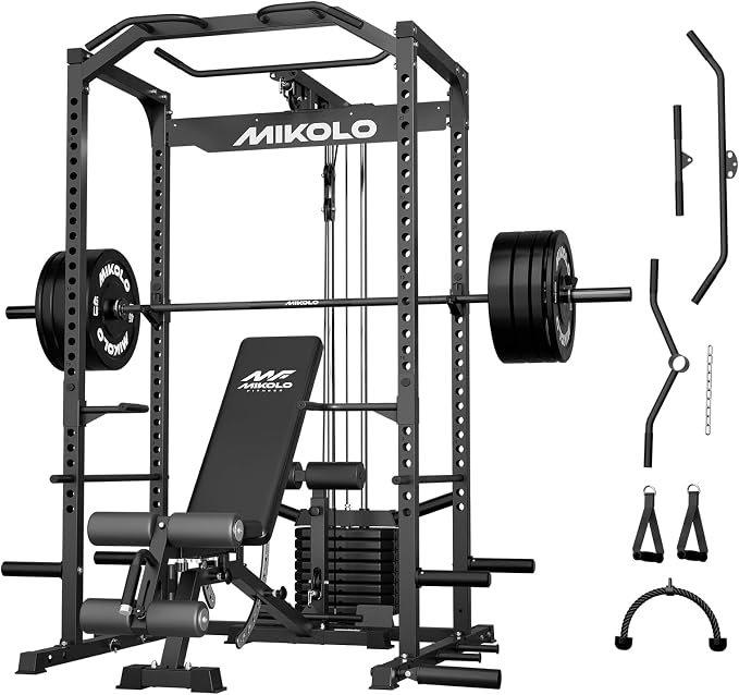 Mikolo F4 2.0 Power Cage with Dual-Track Smooth Pulley System, 1200LBS Power Rack with Leg Hold-Down for Heavy LAT Pulldowns