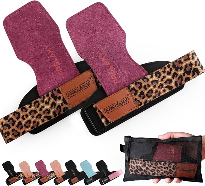 Frelaxy Lifting Wrist Straps for Women and Men, Weight Lifting Grips | Double-layer leather, Cushioned wrist support, Durable construction, Storage pouch, Deadlifts, rows, lat pulldowns
