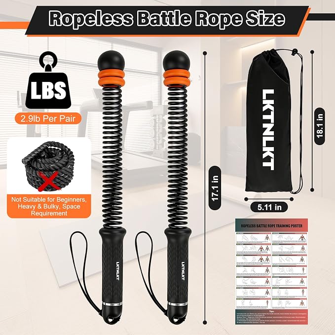 Weighted Ropeless Battle Ropes Adjustable Weight - Portable Cordless Battle Ropes for Home Gym with Workout Poster, Strength Building, HIIT & Low-Impact Cardio Training for Men & Women (Black)