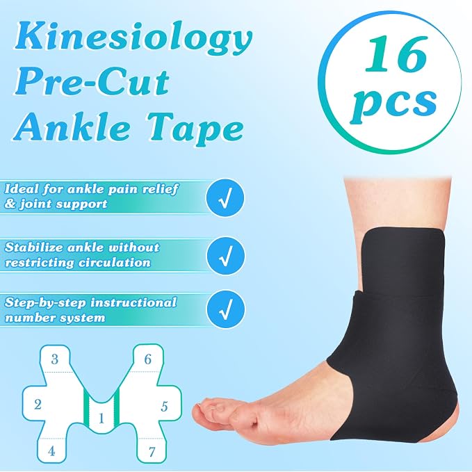 16 Pcs Precut Kinesiology Tape for Ankle Cotton Breathable Elastic Athletic Tape Pain Relief Minimize Ankle Sprain Provides Support and Stability for Ligament and Muscle Marathon Use(Black)