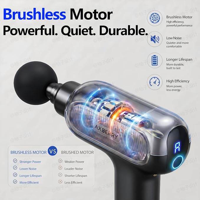 AxBerry Massage Gun, Deep Tissue Percussion Massager with Heat & Detachable Extension Handle, Handheld Muscle Massager for Back, Neck & Shoulders Pain, Portable Massage Gun, Muscle Gun