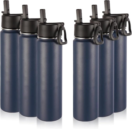 Volhoply 24oz Insulated Water Bottle With Straw Bulk 6 Pack,Metal Wide Mouth Water Bottles With Handle Lid Keep Cold,Reusable Double Wall Cups,Powder Coated Sport Bottle For Holder(Navy,6 Count)