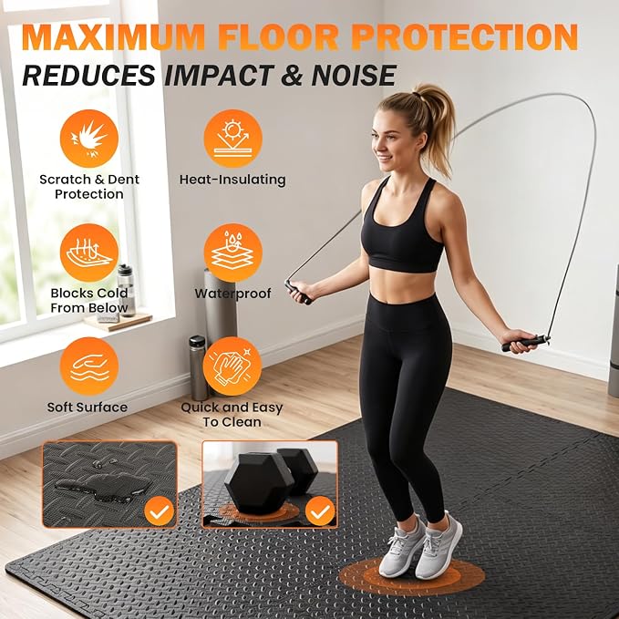 36 Tiles EVA Puzzle Exercise Floor Mats Set, Interlocking Foam Gym Tiles | 12.6"x12.6"x0.4", Water-Resistant Flooring for Home Gym, Workout Equipment, Kids' Play Areas, Garage Playroom - Black