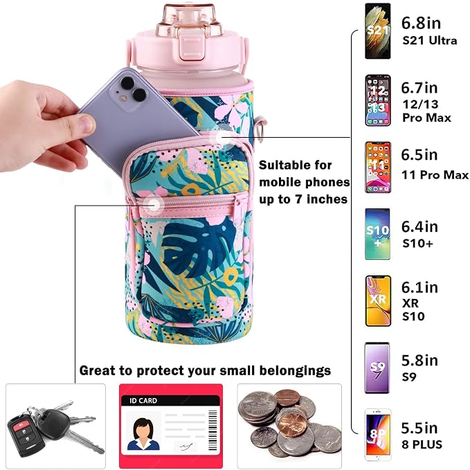RYI Half Gallon Water Bottle with Sleeve & Strap 64 OZ Motivational Water Bottles with Straw Large Wide Mouth Water Jug with Time Marker for Fitness, Gym and Outdoor Sports, Leak-proof & BPA Free