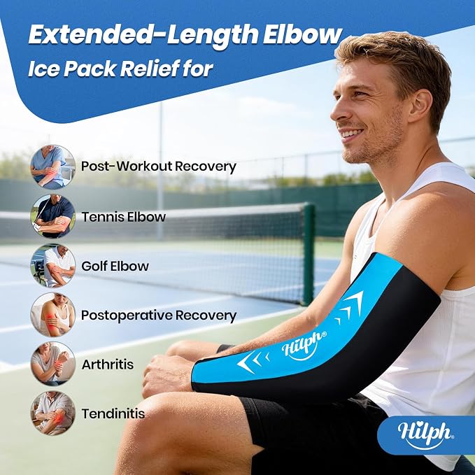 Hilph Full Arm Elbow Ice Pack Sleeve for Pitchers, Extended-Length Design | Reusable Hot & Cold Compression Gel Ice Wrap for Tennis Elbow, Golfers Arm, Tendonitis, Carpal Tunnel, Sports Recovery, Large