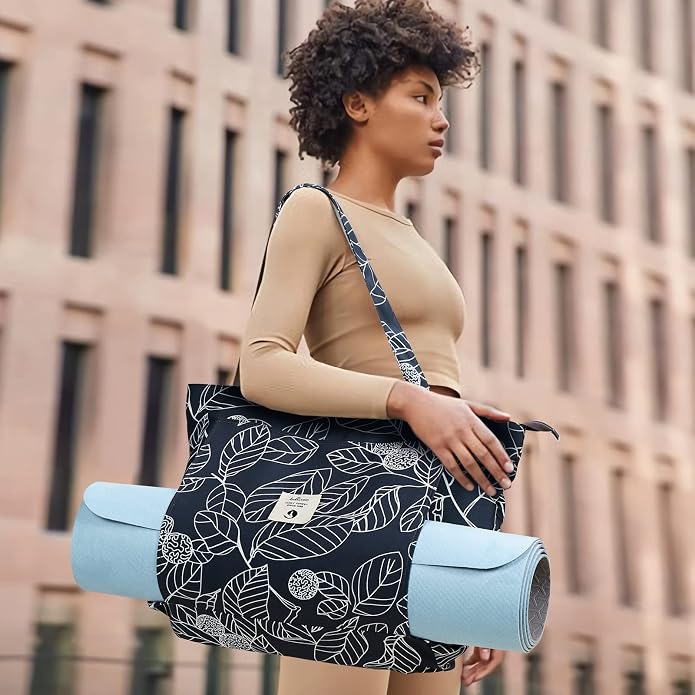 WLLWOO Yoga Mat Carrier Bag for Women Canvas Carryall Tote Gym Pilates | Large Holder Zipper Shoulder for Beach Travel Workout Fitness Office
