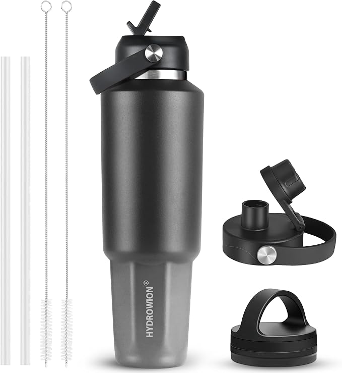 HYDROWION 32 oz Insulated Water Bottle, Car Water Bottle Holder - Double Wall Vacuum Insulated Travel Bottle with Straw Lid, Spout Lid and Flex Cap - Cold for 24H, Hot for 12H, Black - Grey