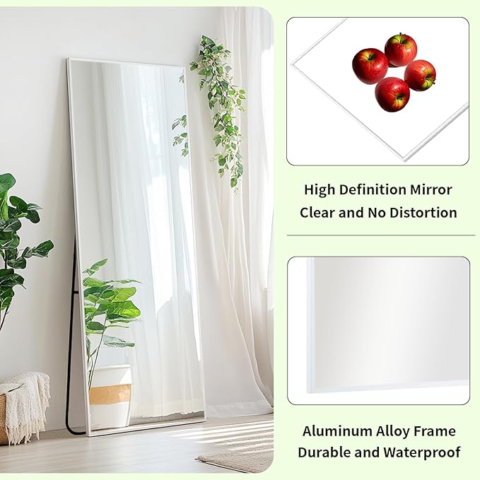 48x16 inch White Full Length Mirror, Floor Mirror with Stand | Matte White Metal Frame, No Distortion, High Definition, White Body Mirror for Bedroom, Living Room, Entryway, Bathroom