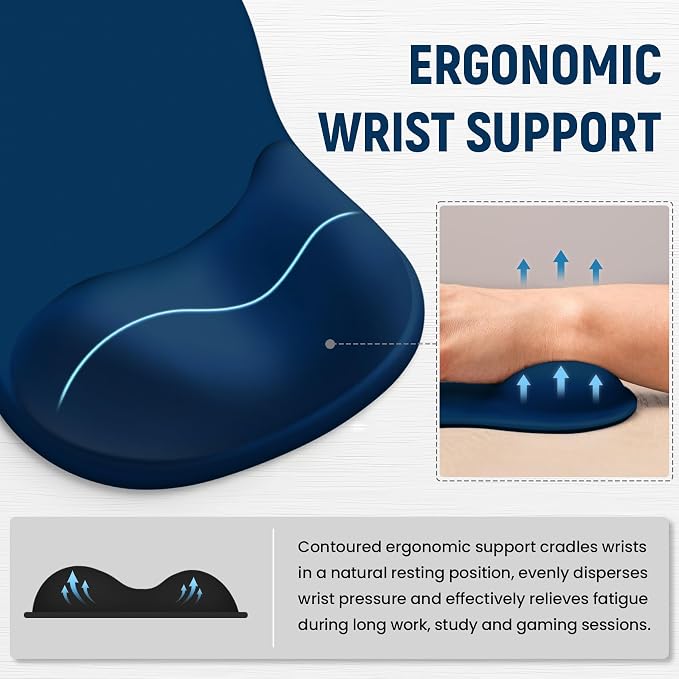 Ergonomic Mouse Pad with Wrist Rest, Gel Wrist Support, Navy Blue | 10.2 x 7.6 in Mouse Pad with Smooth Fabric Surface and Non-Slip Rubber Base for Office, Home, Study, and Gaming