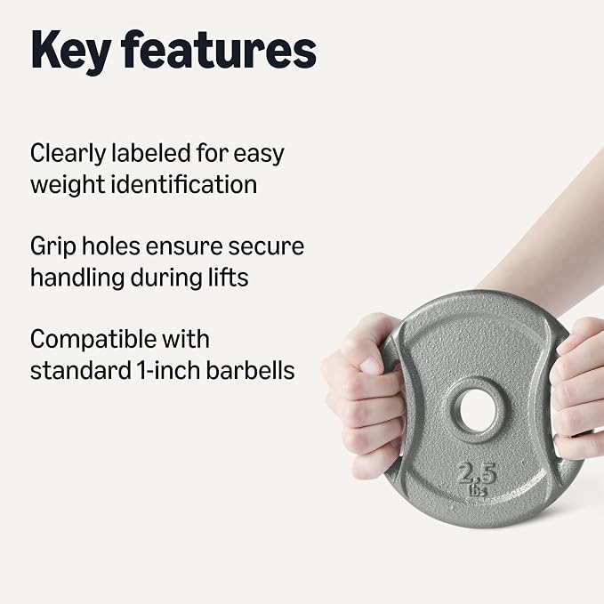 Amazon Basics 1-Inch Grip Weight Plates, Cast Iron, Strength Training, Home Gym