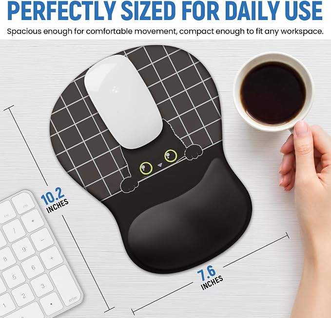 Ergonomic Mouse Pad with Wrist Rest, Gel Wrist Support, Black Cat | 10.2 x 7.6 in Mouse Pad with Smooth Fabric Surface and Non-Slip Rubber Base for Office, Home, Study, and Gaming