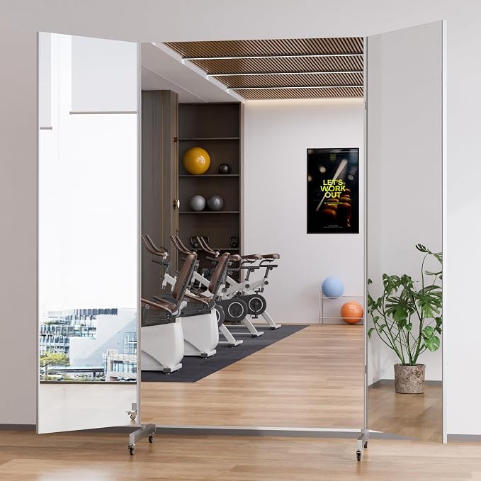 brisafe 79''×67'' Large Full Body Non-Glass Frameless Mirror on Wheels, NanoMirror 360° Swivel Shatterproof Unbreakable Foldable Fitness Mirror for Home Gym Yoga Dance Studio, Silver | Tri-Fold Compact Storage, Nano Shatter-Resistant, Aerospace Aluminu...