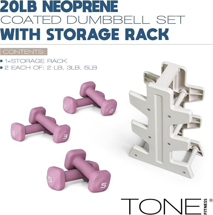 Tone Fitness Neoprene Dumbbell Set with Storage Rack – Non-Slip, Anti-Roll Hand Weights for Home Gym Workouts | 20 lb, 32 lb, 50 lb, 60 lb & 100 lb Options
