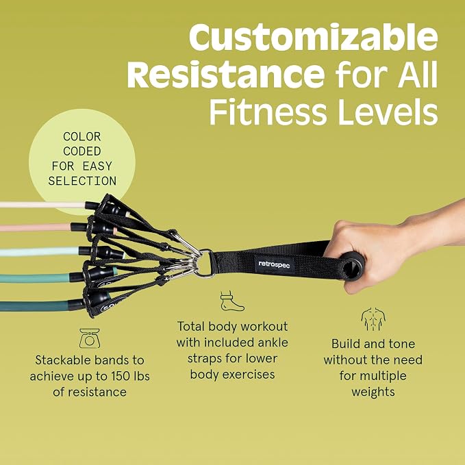 Retrospec Train Resistance Bands Set for Working Out - 5 Stackable Bands, Handles & Door Anchor - Portable Fitness Equipment for Physical Therapy & Yoga Includes Carry Bag